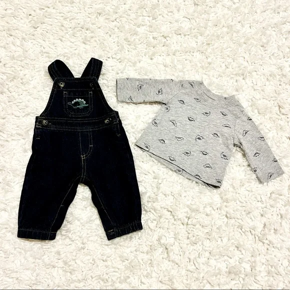 Baby Boys' 2 Piece Dinosaur Overall Set Grey - Picture 1 of 5